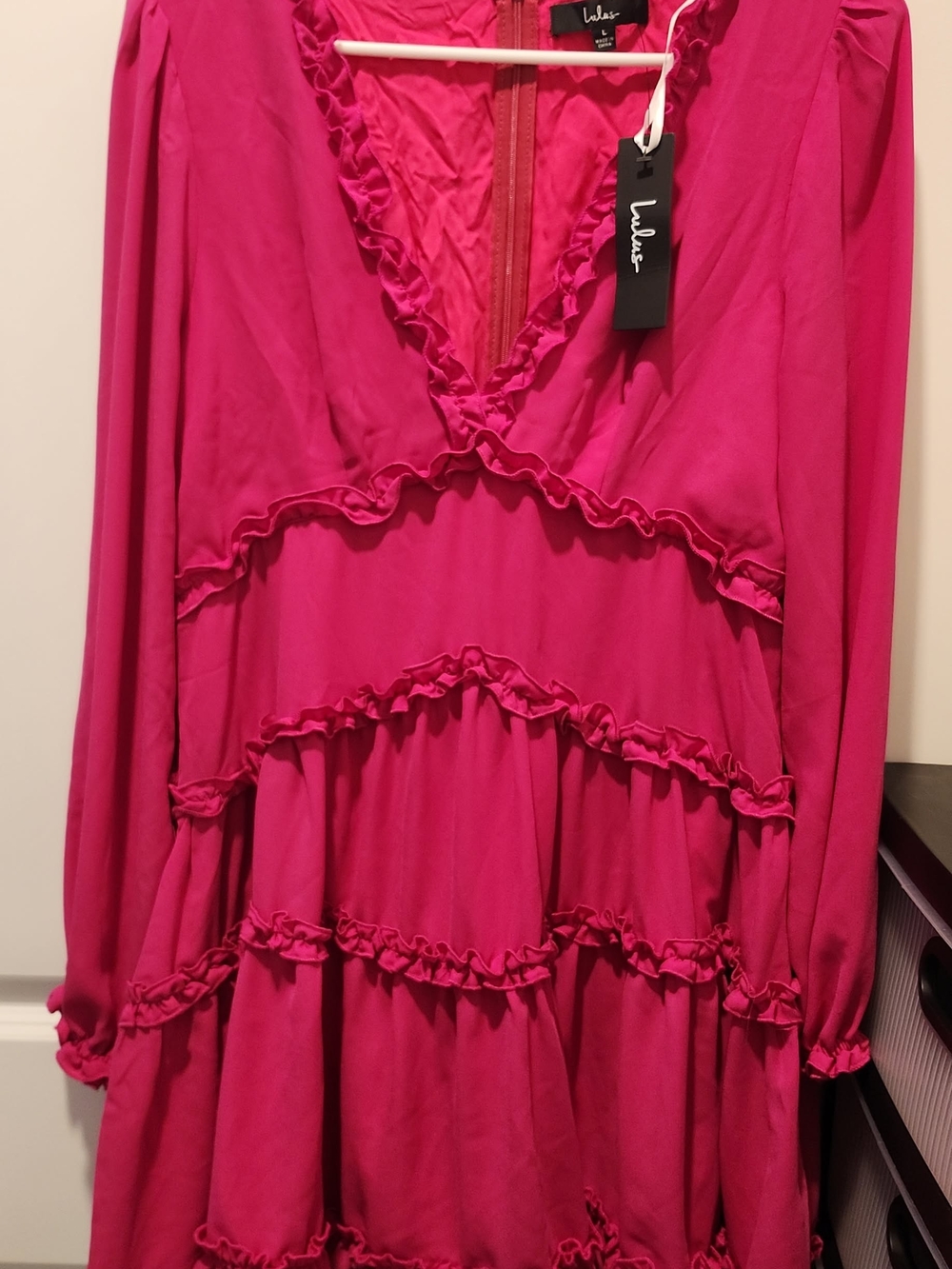 Lulu's Hot Pink Ruffle Tiered Long Sleeve Dress